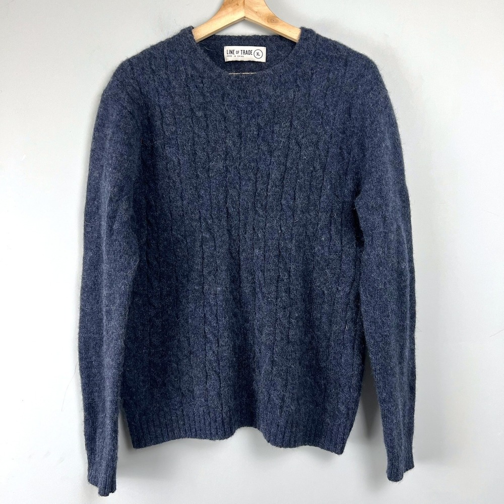 Line of Trade Mens L Navy Blue 100% Shetland Wool Cable Knit Sweater Crewneck